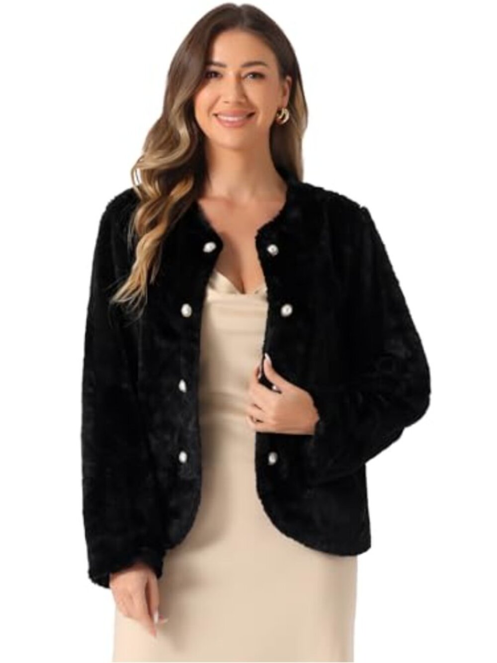 Women Faux Fur Long Sleeve Pearl Button Cardigan Coat